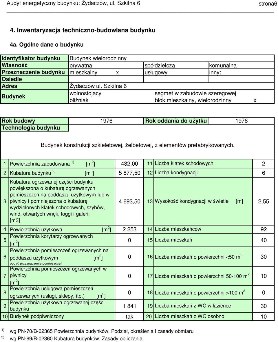 Szkilna 6 Budynek wolnostojacy segmet w zabudowie szeregowej bliżniak blok mieszkalny, wielorodzinny x Rok budowy 1976 Rok oddania do użytku 1976 Technologia budynku Budynek konstrukcji szkieletowej,