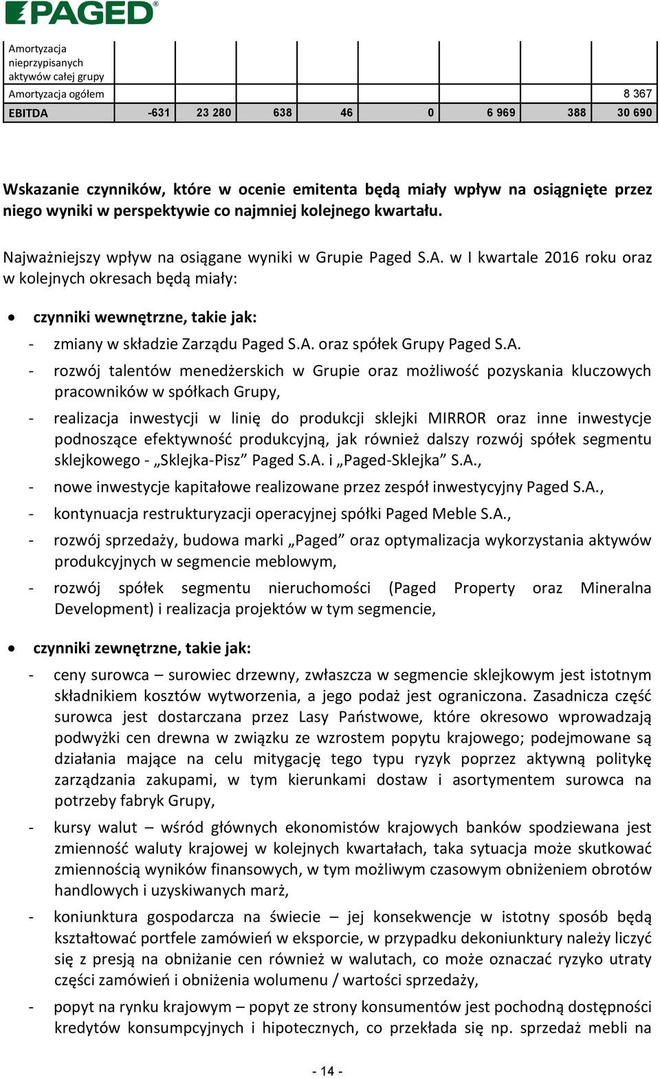 w I kwartale 2016 roku oraz w kolejnych okresach będą miały: czynniki wewnętrzne, takie jak: - zmiany w składzie Zarządu Paged S.A.