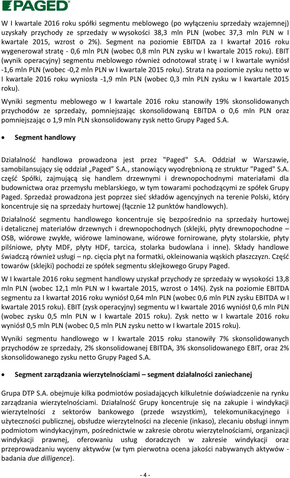 EBIT (wynik operacyjny) segmentu meblowego również odnotował stratę i w I kwartale wyniósł -1,6 mln PLN (wobec -0,2 mln PLN w I kwartale 2015 roku).