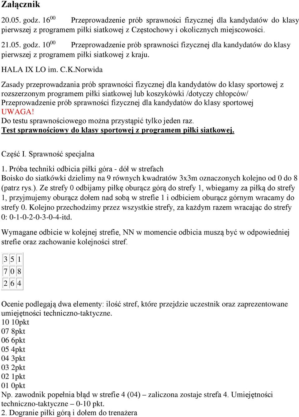 Norwida Zasady przeprowadzania prób sprawności fizycznej dla kandydatów do klasy sportowej z rozszerzonym programem piłki siatkowej lub koszykówki /dotyczy chłopców/ Przeprowadzenie prób sprawności