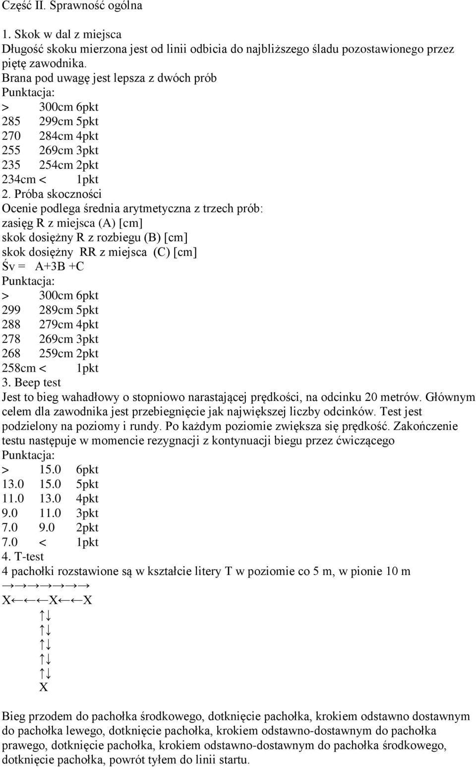 Próba skoczności Ocenie podlega średnia arytmetyczna z trzech prób: zasięg R z miejsca (A) [cm] skok dosiężny R z rozbiegu (B) [cm] skok dosiężny RR z miejsca (C) [cm] Śv = A+3B +C > 300cm 6pkt 299