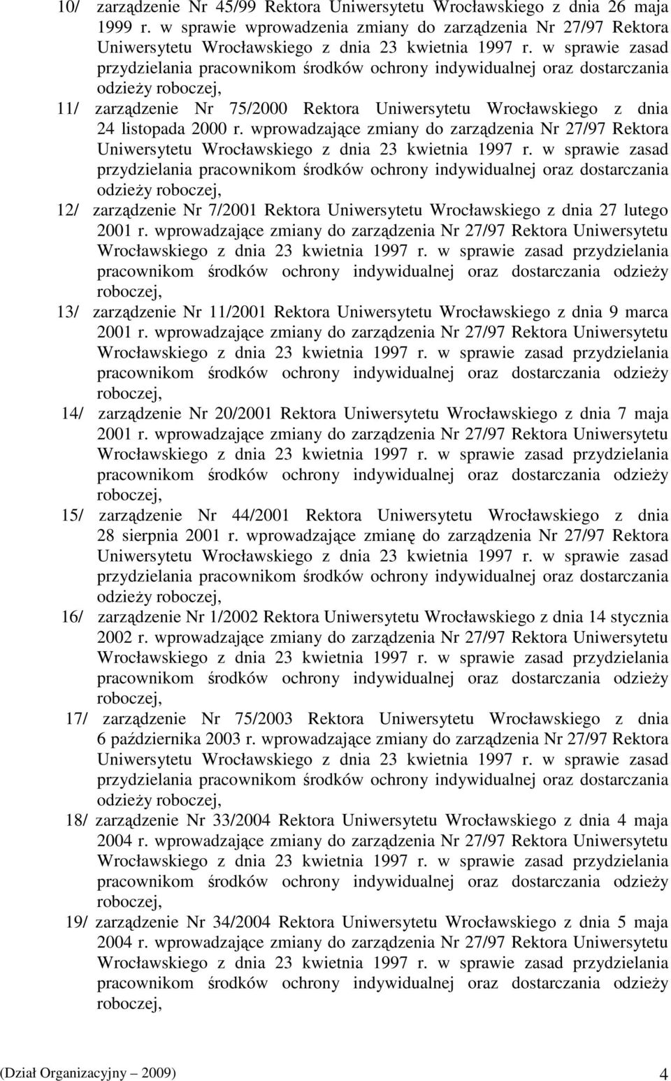 wprowadzające zmiany do zarządzenia Nr 27/97 Rektora Uniwersytetu Wrocławskiego z dnia 23 kwietnia 1997 r.