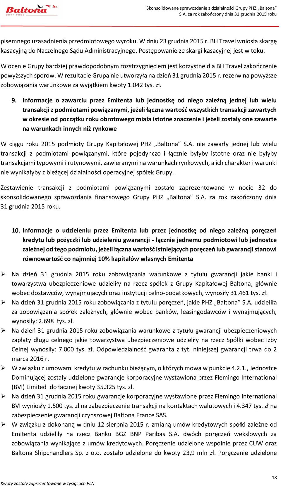 rezerw na powyższe zobowiązania warunkowe za wyjątkiem kwoty 1.042 tys. zł.