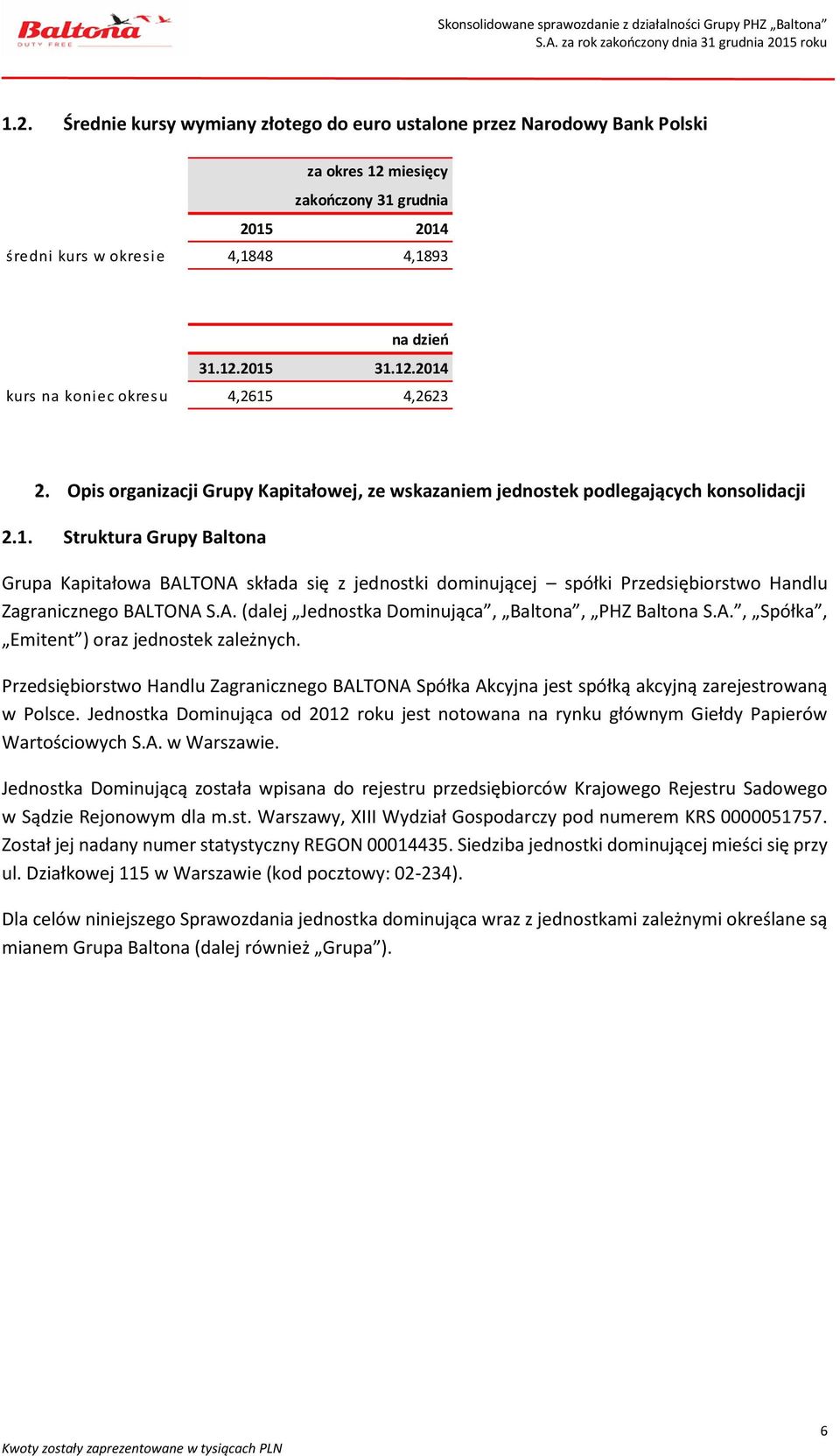 2015 31.12.2014 kurs na koniec okresu 4,2615 4,2623 Opis organizacji Grupy Kapitałowej, ze wskazaniem jednostek podlegających konsolidacji 2.1. Struktura Grupy Baltona Grupa Kapitałowa BALTONA składa się z jednostki dominującej spółki Przedsiębiorstwo Handlu Zagranicznego BALTONA S.