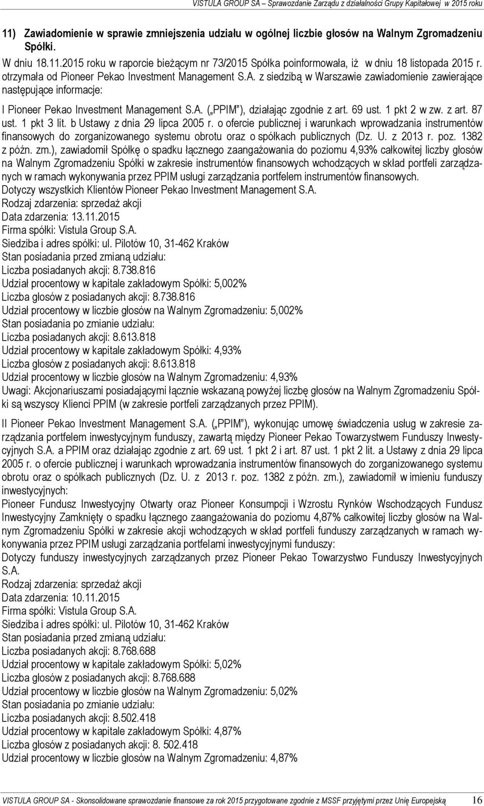 z siedzibą w Warszawie zawiadomienie zawierające następujące informacje: I Pioneer Pekao Investment Management S.A. ( PPIM ), działając zgodnie z art. 69 ust. 1 pkt 2 w zw. z art. 87 ust. 1 pkt 3 lit.