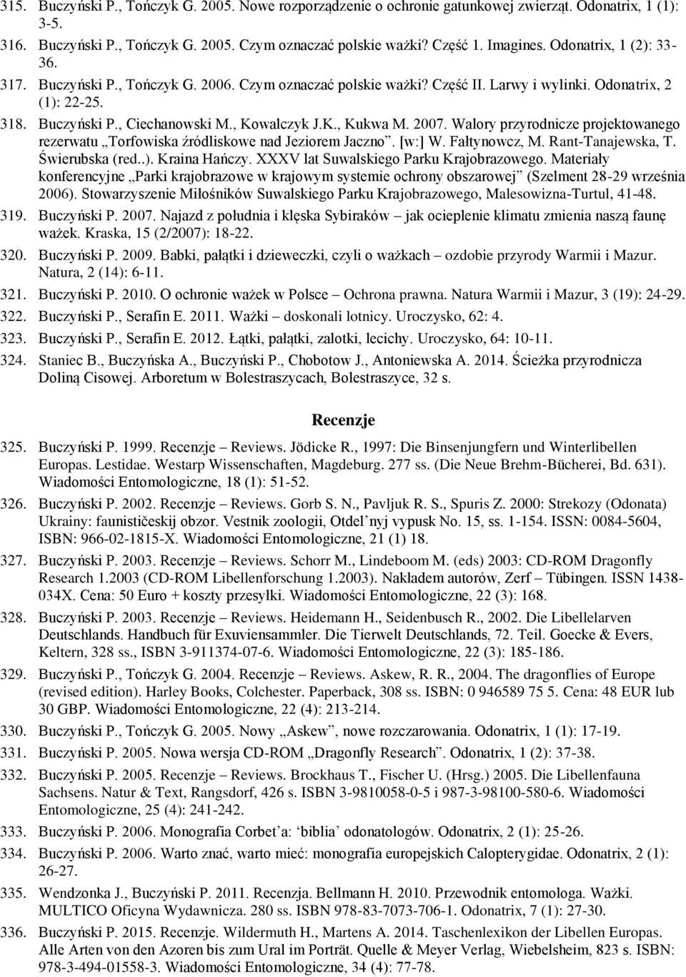 2007. Walory przyrodnicze projektowanego rezerwatu Torfowiska źródliskowe nad Jeziorem Jaczno. [w:] W. Fałtynowcz, M. Rant-Tanajewska, T. Świerubska (red..). Kraina Hańczy.