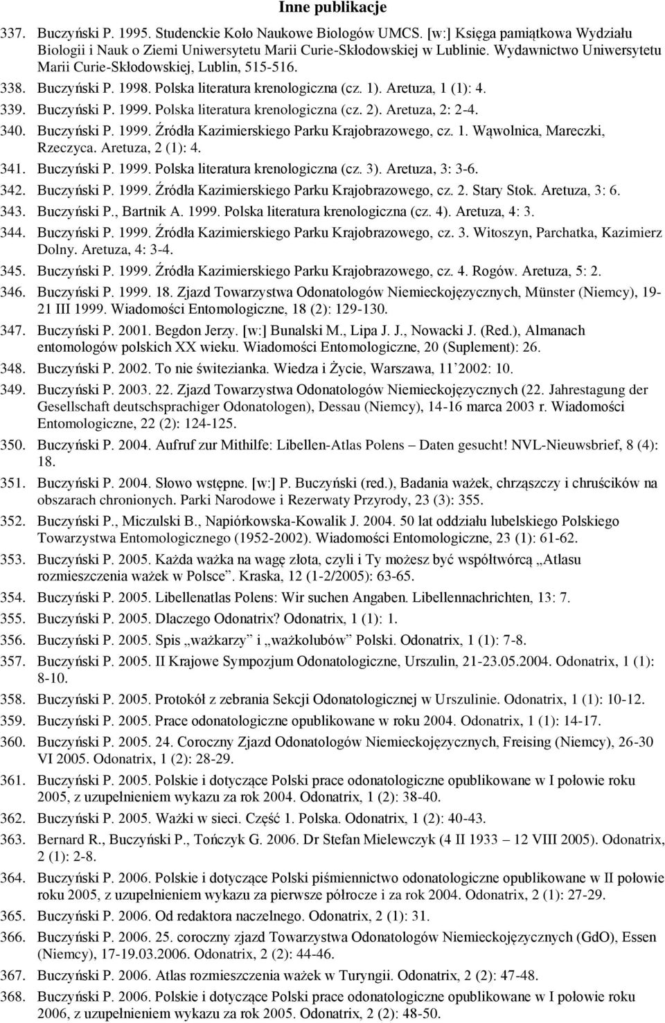 Polska literatura krenologiczna (cz. 2). Aretuza, 2: 2-4. 340. Buczyński P. 1999. Źródła Kazimierskiego Parku Krajobrazowego, cz. 1. Wąwolnica, Mareczki, Rzeczyca. Aretuza, 2 (1): 4. 341. Buczyński P. 1999. Polska literatura krenologiczna (cz.