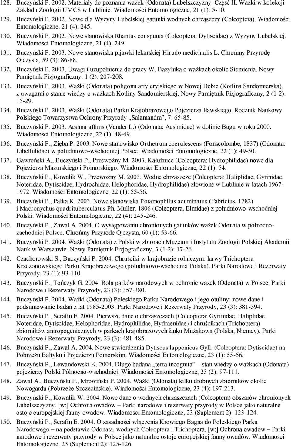 Buczyński P. 2003. Nowe stanowiska pijawki lekarskiej Hirudo medicinalis L. Chrońmy Przyrodę Ojczystą, 59 (3): 86-88. 132. Buczyński P. 2003. Uwagi i uzupełnienia do pracy W.