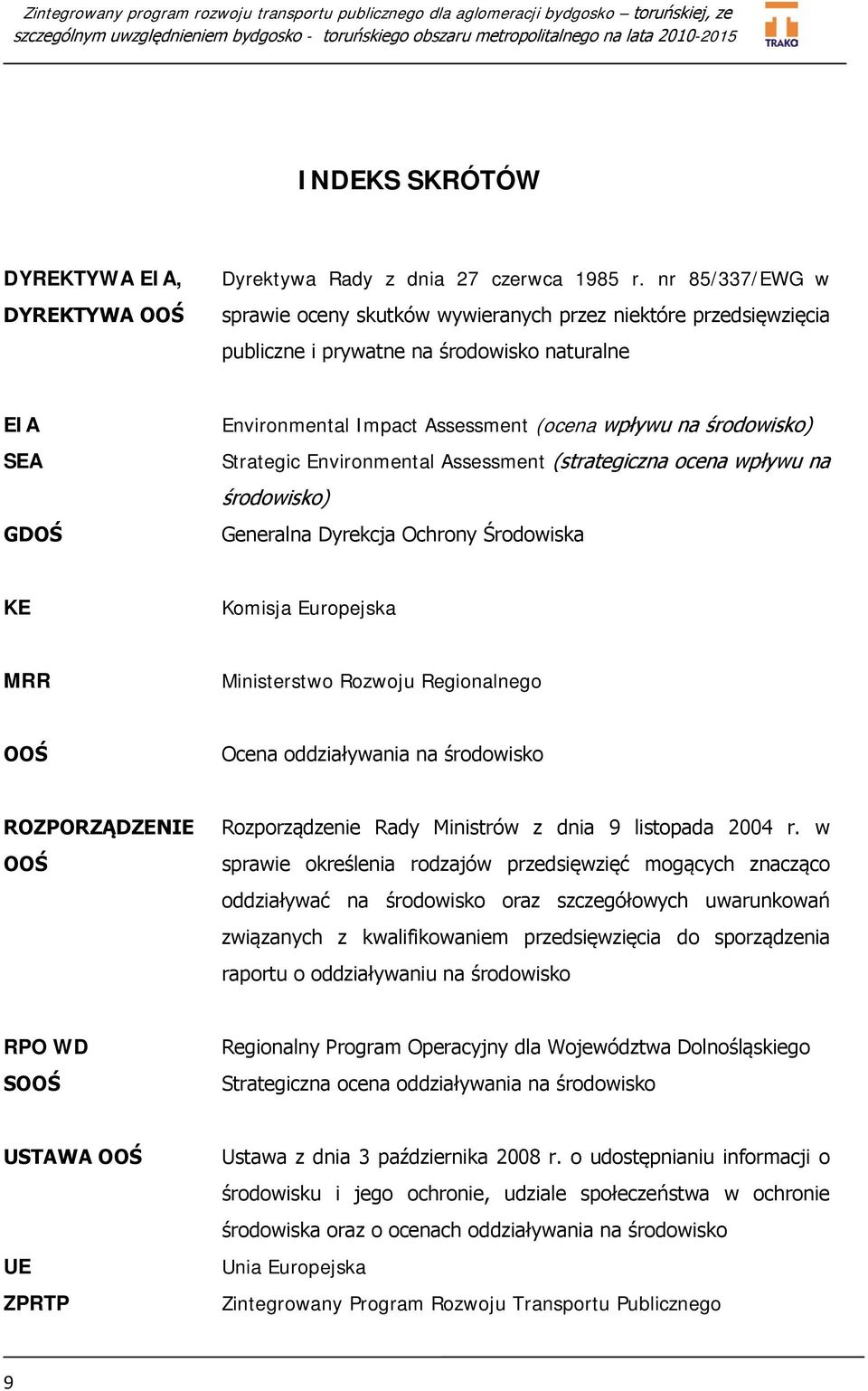 Strategic Environmental Assessment (strategiczna ocena wpływu na środowisko) Generalna Dyrekcja Ochrony Środowiska KE Komisja Europejska MRR Ministerstwo Rozwoju Regionalnego OOŚ Ocena oddziaływania