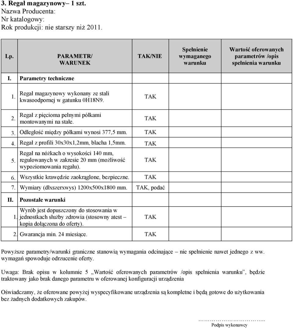 Regał na nóżkach o wysokości 140 mm, regulowanych w zakresie 20 mm (możliwość wypoziomowania regału). 6. Wszystkie krawędzie zaokrąglone, bezpieczne. 7.