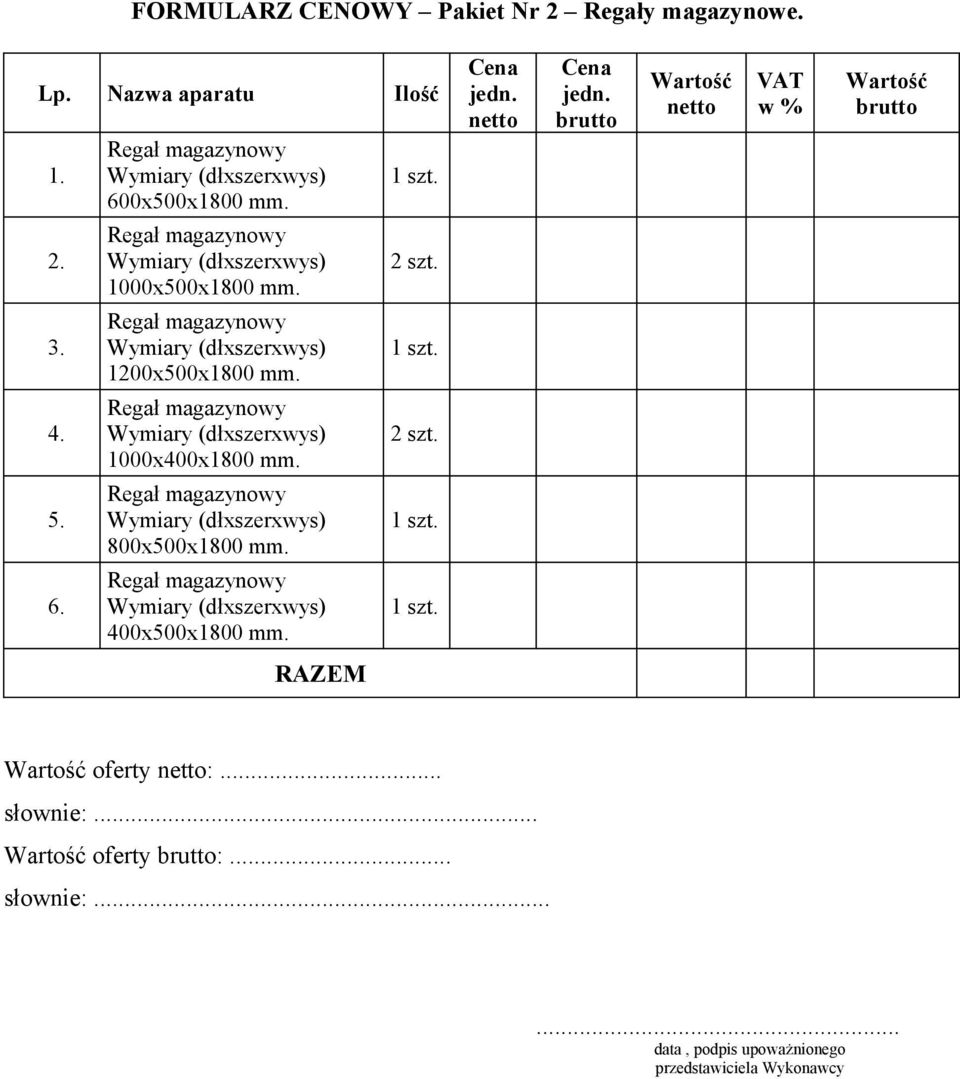 1 szt. 4. Regał magazynowy Wymiary (dłxszerxwys) 1000x400x1800 mm. 2 szt. 5. Regał magazynowy Wymiary (dłxszerxwys) 800x500x1800 mm. 1 szt. 6.