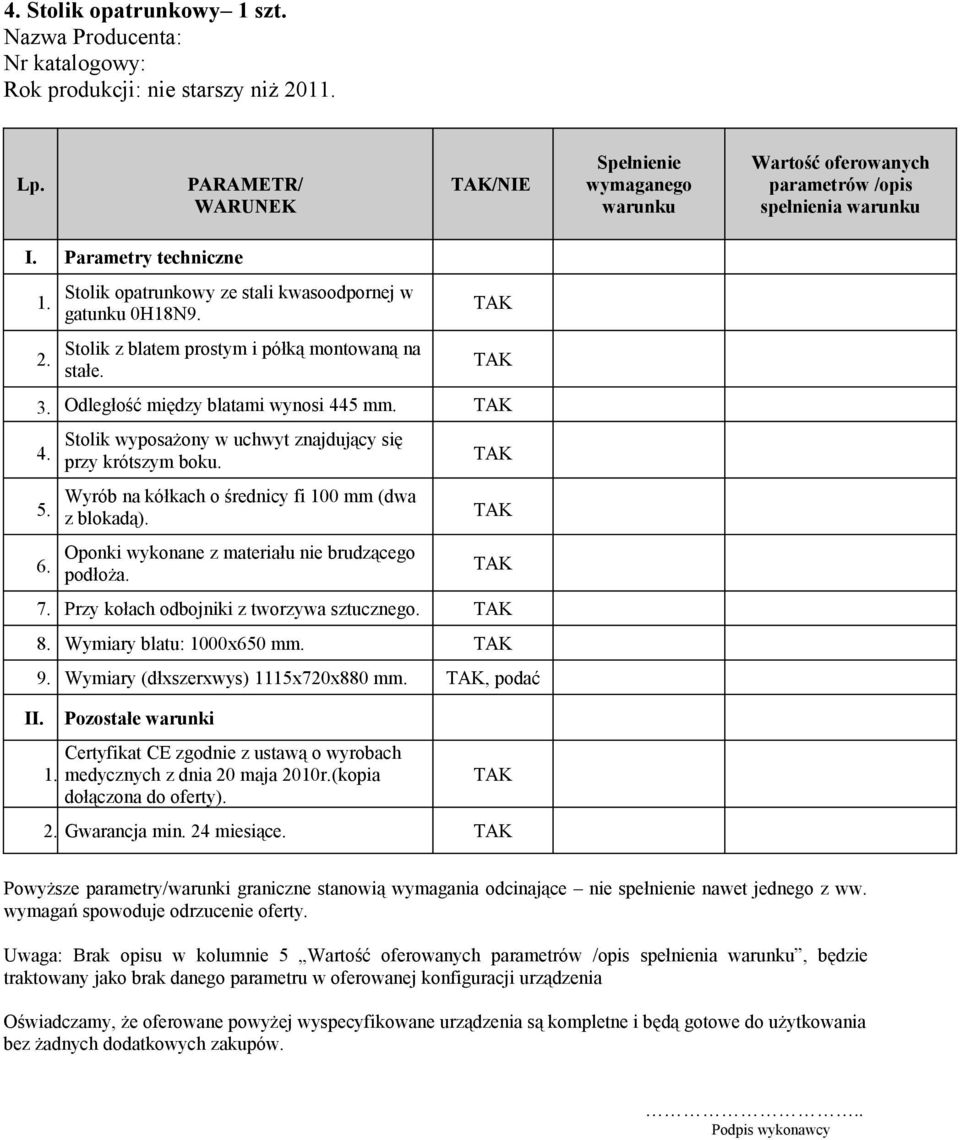 Wyrób na kółkach o średnicy fi 100 mm (dwa z blokadą). Oponki wykonane z materiału nie brudzącego podłoża. 7. Przy kołach odbojniki z tworzywa sztucznego. 8.