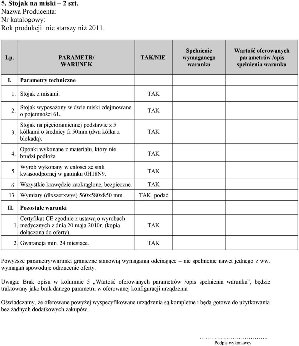 Wyrób wykonany w całości ze stali kwasoodpornej w gatunku 0H18N9. 6. Wszystkie krawędzie zaokrąglone, bezpieczne. 13. Wymiary (dłxszerxwys) 560x580x850 mm.