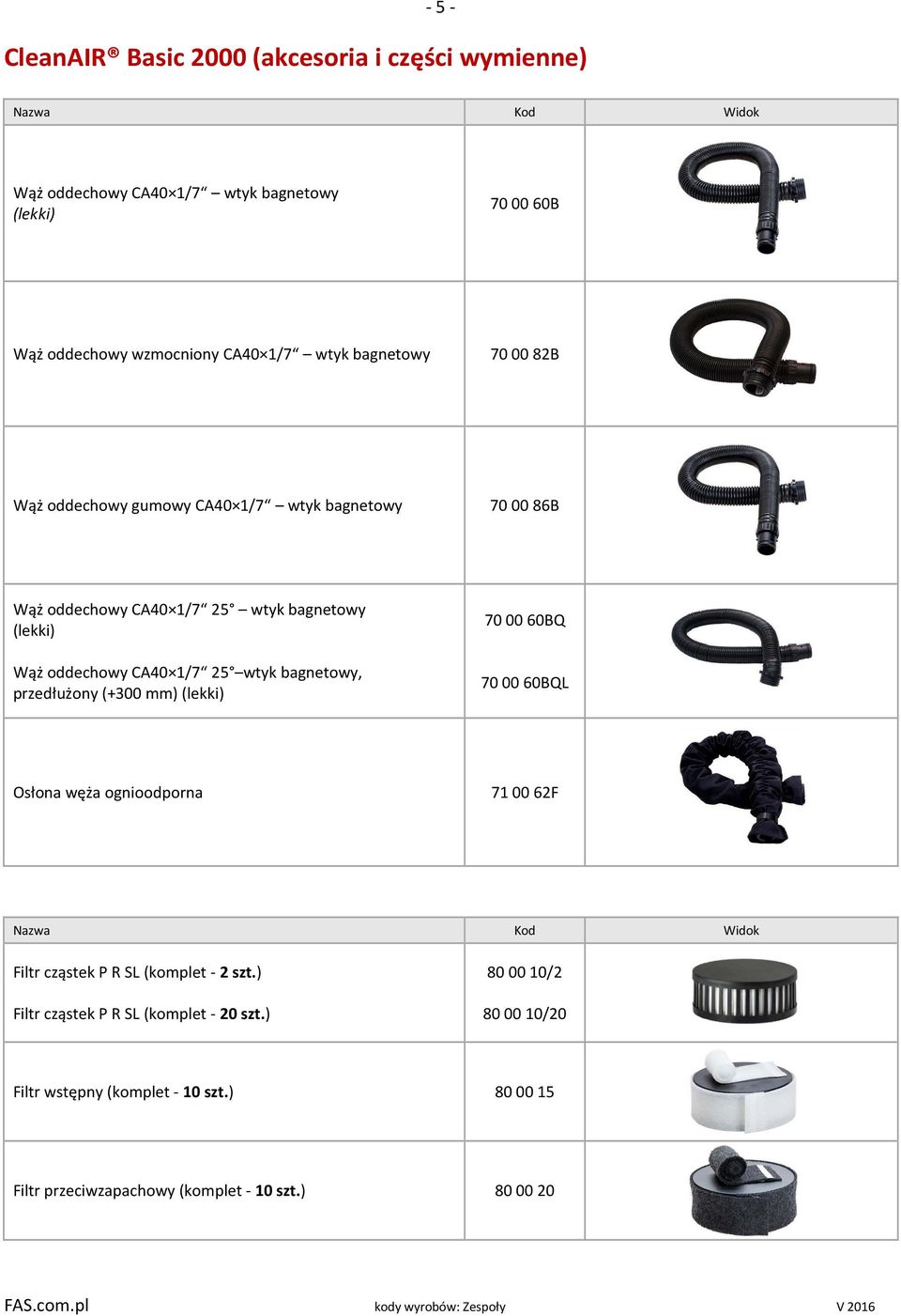 wtyk bagnetowy, przedłużony (+300 mm) (lekki) 70 00 60BQ 70 00 60BQL Osłona węża ognioodporna 71 00 62F Filtr cząstek P R SL (komplet - 2 szt.