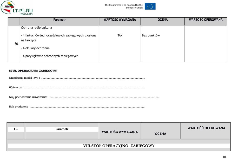 pary rękawic ochronnych zabiegowych STÓŁ OPERACYJNO-ZABIEGOWY Urządzenie model i typ :... Wytwórca:.