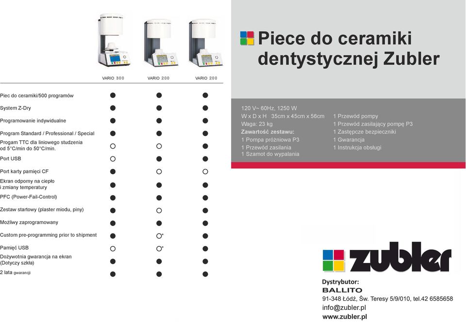 Port USB Port karty pamięci CF Ekran odporny na ciepło i zmiany temperatury 120 230 V~ 50/60Hz, 1250 1250 W W W x D x H 320 35cm x x 460 45cm x 540mm x 56cm Weight: Waga: 23 23kg Zawartość zestawu: 1