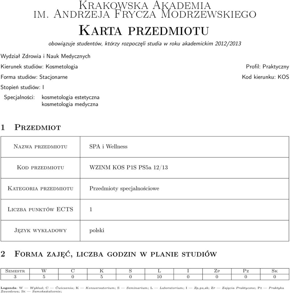 studiów: Stacjonarne Stopień studiów: I Specjalności: kosmetologia estetyczna kosmetologia medyczna Profil: Praktyczny Kod kierunku: KOS 1 Przedmiot Nazwa przedmiotu SPA i Wellness Kod