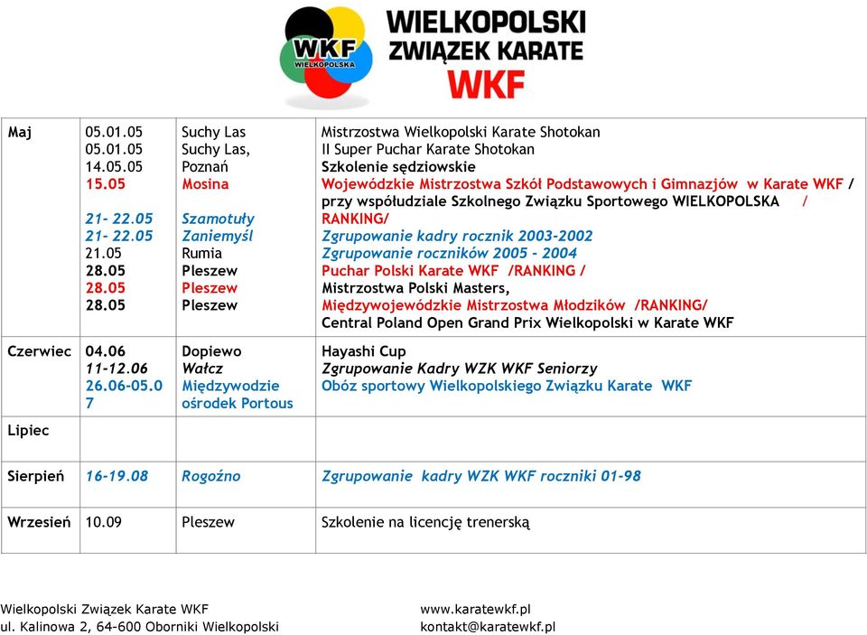 Związku Sportowego WIELKOPOLSKA / RANKING/ Zgrupowanie kadry rocznik 2003-2002 Zgrupowanie roczników 2005-2004 Puchar Polski Karate WKF /RANKING / Mistrzostwa Polski Masters, Międzywojewódzkie