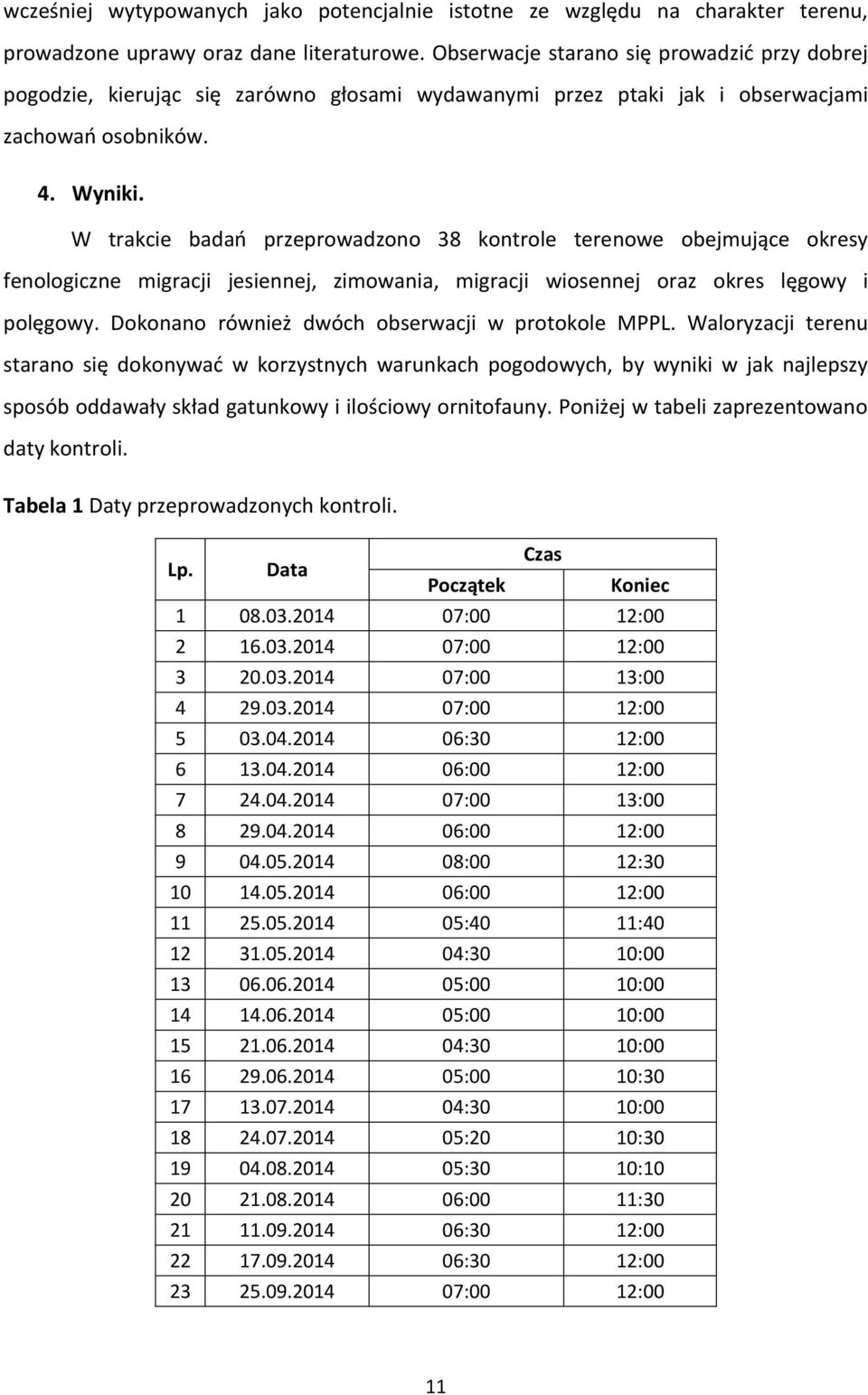 trakcie badań przeprowadzono 38 kontrole terenowe obejmujące okresy fenologiczne migracji jesiennej, zimowania, migracji wiosennej oraz okres lęgowy i polęgowy.
