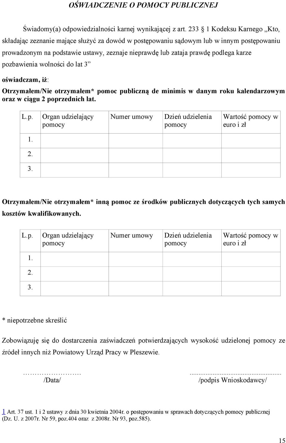 pozbawienia wolności do lat 3 oświadczam, iż: Otrzymałem/Nie otrzymałem* pomoc publiczną de minimis w danym roku kalendarzowym oraz w ciągu 2 poprzednich lat. L.p. Organ udzielający pomocy Numer umowy Dzień udzielenia pomocy Wartość pomocy w euro i zł 1.