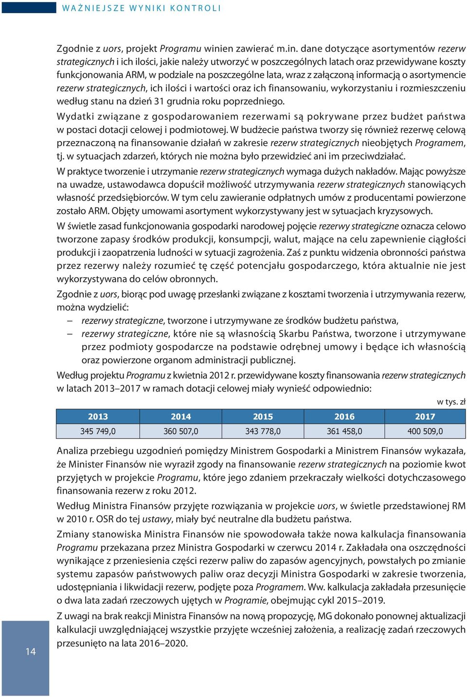 dane dotyczące asortymentów rezerw strategicznych i ich ilości, jakie należy utworzyć w poszczególnych latach oraz przewidywane koszty funkcjonowania ARM, w podziale na poszczególne lata, wraz z