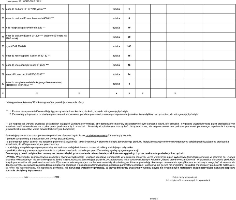 urządzenia wielofunkcyjnego laserowe mono 80 BROTHER DCP-7055 *** x x x x x x x * niewypełnienie kolumny "Kod katalogowy" nie powoduje odrzucenia oferty. ** 1.