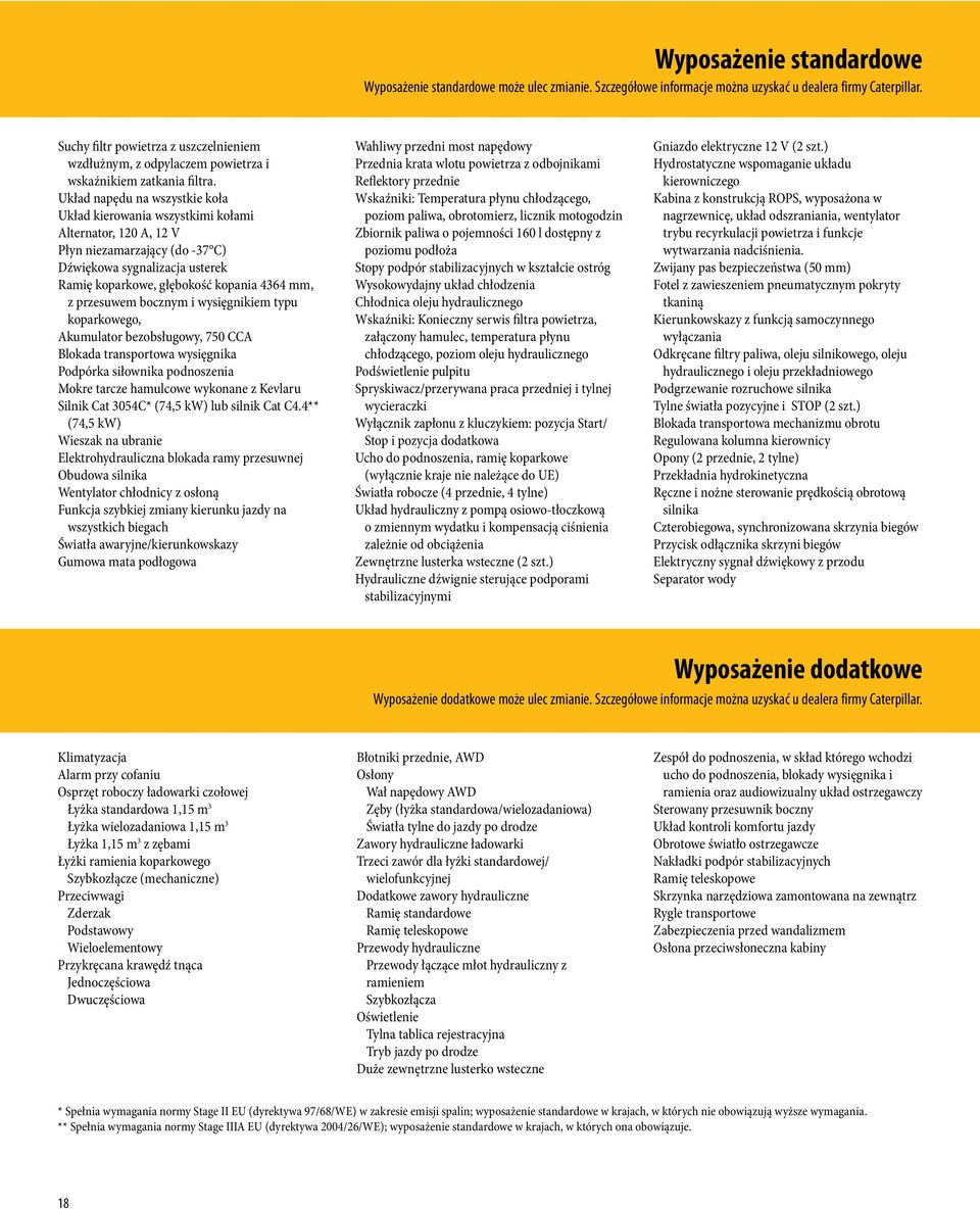 Układ napędu na wszystkie koła Układ kierowania wszystkimi kołami Alternator, 120 A, 12 V Płyn niezamarzający (do -37 C) Dźwiękowa sygnalizacja usterek Ramię koparkowe, głębokość kopania 4364 mm, z