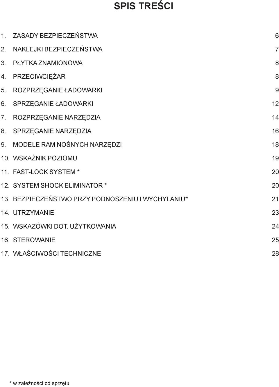 MODELE RAM NOŚNYCH NARZĘDZI 18 10. WSKAŹNIK POZIOMU 19 11. FAST-LOCK SYSTEM * 20 12. SYSTEM SHOCK ELIMINATOR * 20 13.
