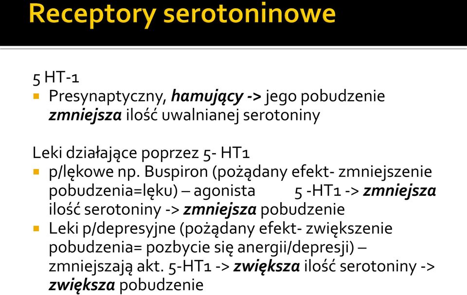 Buspiron (pożądany efekt- zmniejszenie pobudzenia=lęku) agonista 5 -HT1 -> zmniejsza ilość serotoniny ->