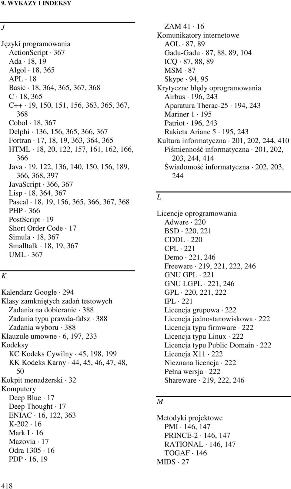 367, 368 PHP 366 PostScript 19 Short Order Code 17 Simula 18, 367 Smalltalk 18, 19, 367 UML 367 K Kalendarz Google 294 Klasy zamkniętych zadań testowych Zadania na dobieranie 388 Zadania typu