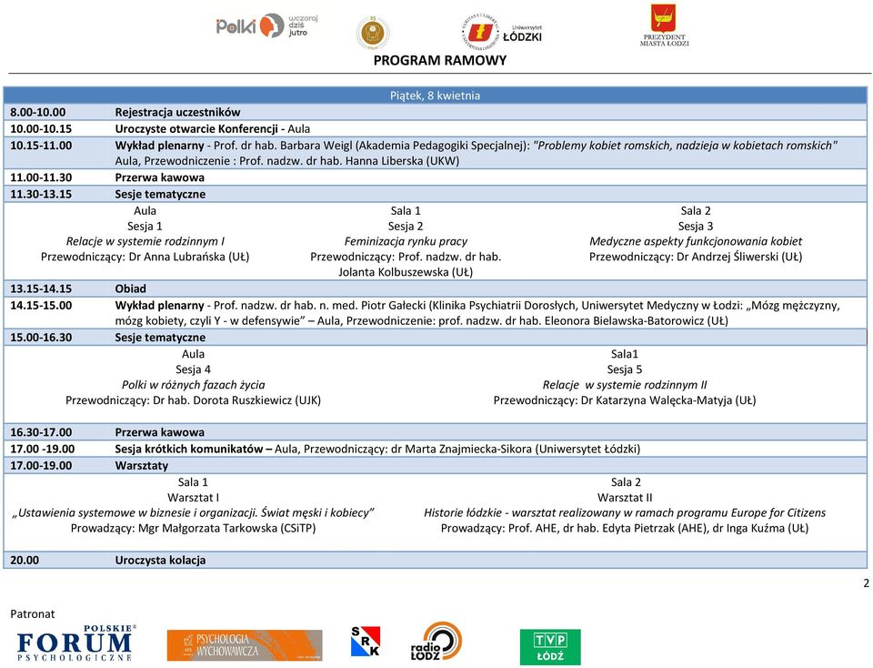 30 Przerwa kawowa 11.30-13.15 Sesje tematyczne Aula Sesja 1 Relacje w systemie rodzinnym I Przewodniczący: Dr Anna Lubrańska (UŁ) Sala 1 Sesja 2 Feminizacja rynku pracy Przewodniczący: Prof. nadzw.