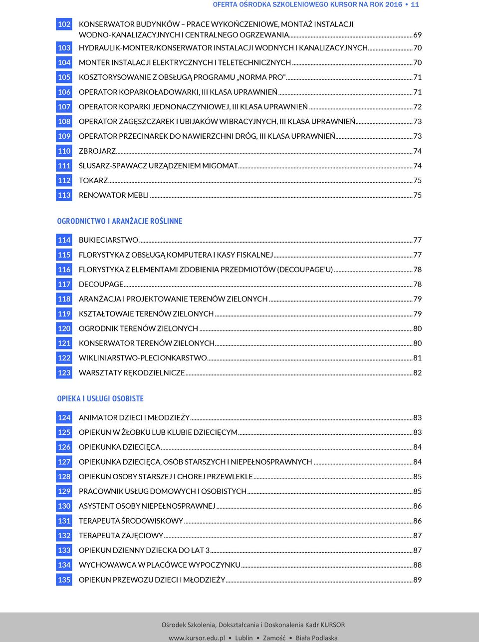 ..71 106 OPERATOR KOPARKOŁADOWARKI, III KLASA UPRAWNIEŃ...71 107 OPERATOR KOPARKI JEDNONACZYNIOWEJ, III KLASA UPRAWNIEŃ...72 108 OPERATOR ZAGĘSZCZAREK I UBIJAKÓW WIBRACYJNYCH, III KLASA UPRAWNIEŃ.