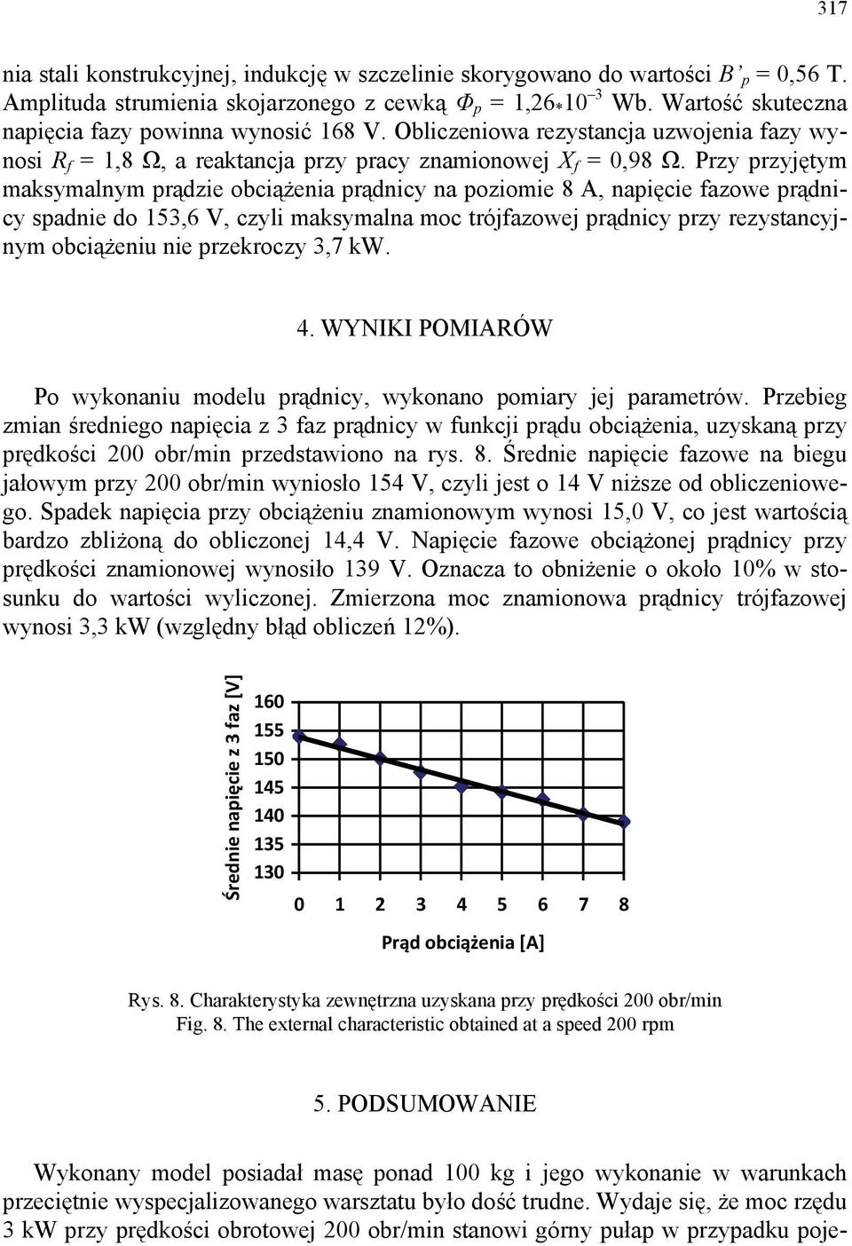 Przy przyjętym maksymalnym prądzie obciążenia prądnicy na poziomie 8 A, napięcie fazowe prądnicy spadnie do 153,6 V, czyli maksymalna moc trójfazowej prądnicy przy rezystancyjnym obciążeniu nie