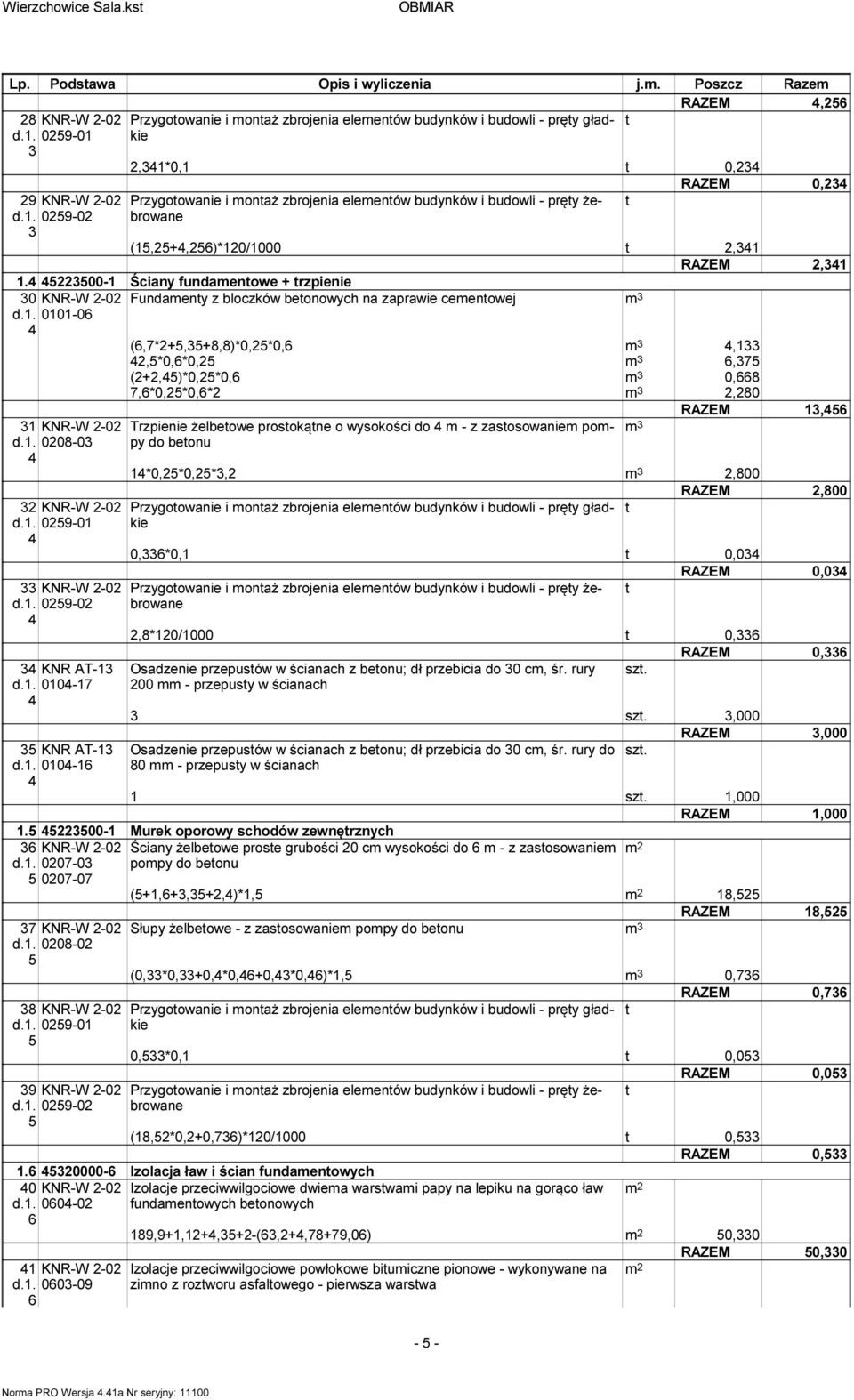 4 45223500- Ściany fundaenowe + rzpienie 30 KNR-W 2-02 Fundaeny z bloczków beonowych na zaprawie ceenowej d.