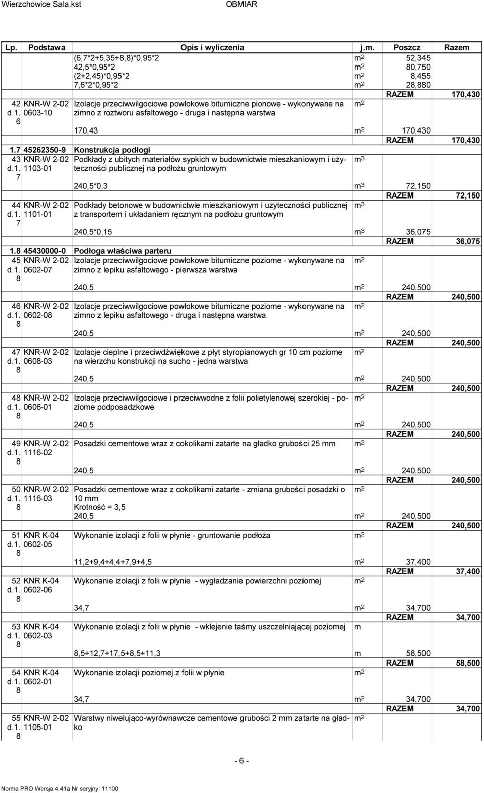 7 45262350-9 Konsrukcja podłogi 43 KNR-W 2-02 Podkłady z ubiych aeriałów sypkich w budownicwie ieszkaniowy i użyeczności d.. 03-0 7 publicznej na podłożu grunowy 240,5*0,3 72,50 44 KNR-W 2-02 d.