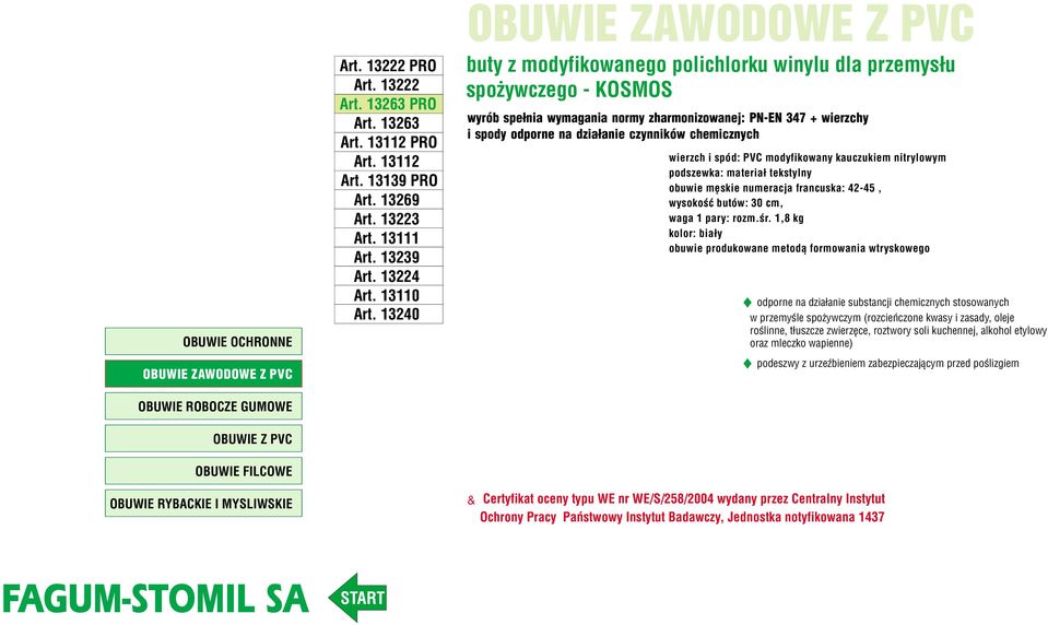 chemicznych wierzch i spód: PVC modyfikowany kauczukiem nitrylowym podszewka: materiał tekstylny obuwie męskie numeracja francuska: 42-45, wysokość butów: 30 cm, waga 1 pary: rozm.śr.