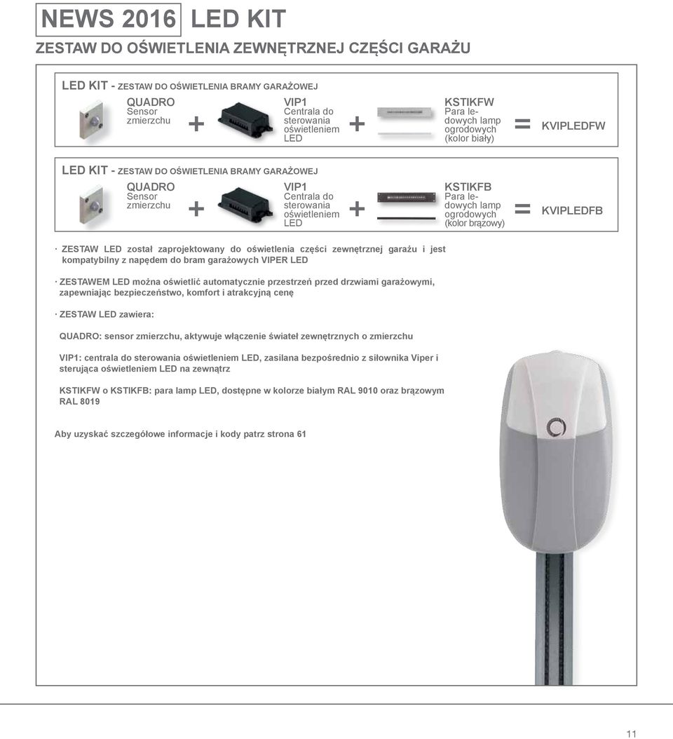 ogrodowych (kolor brązowy) = KVIPLEDFB ZESTAW LED został zaprojektowany do oświetlenia części zewnętrznej garażu i jest kompatybilny z napędem do bram garażowych VIPER LED ZESTAWEM LED można