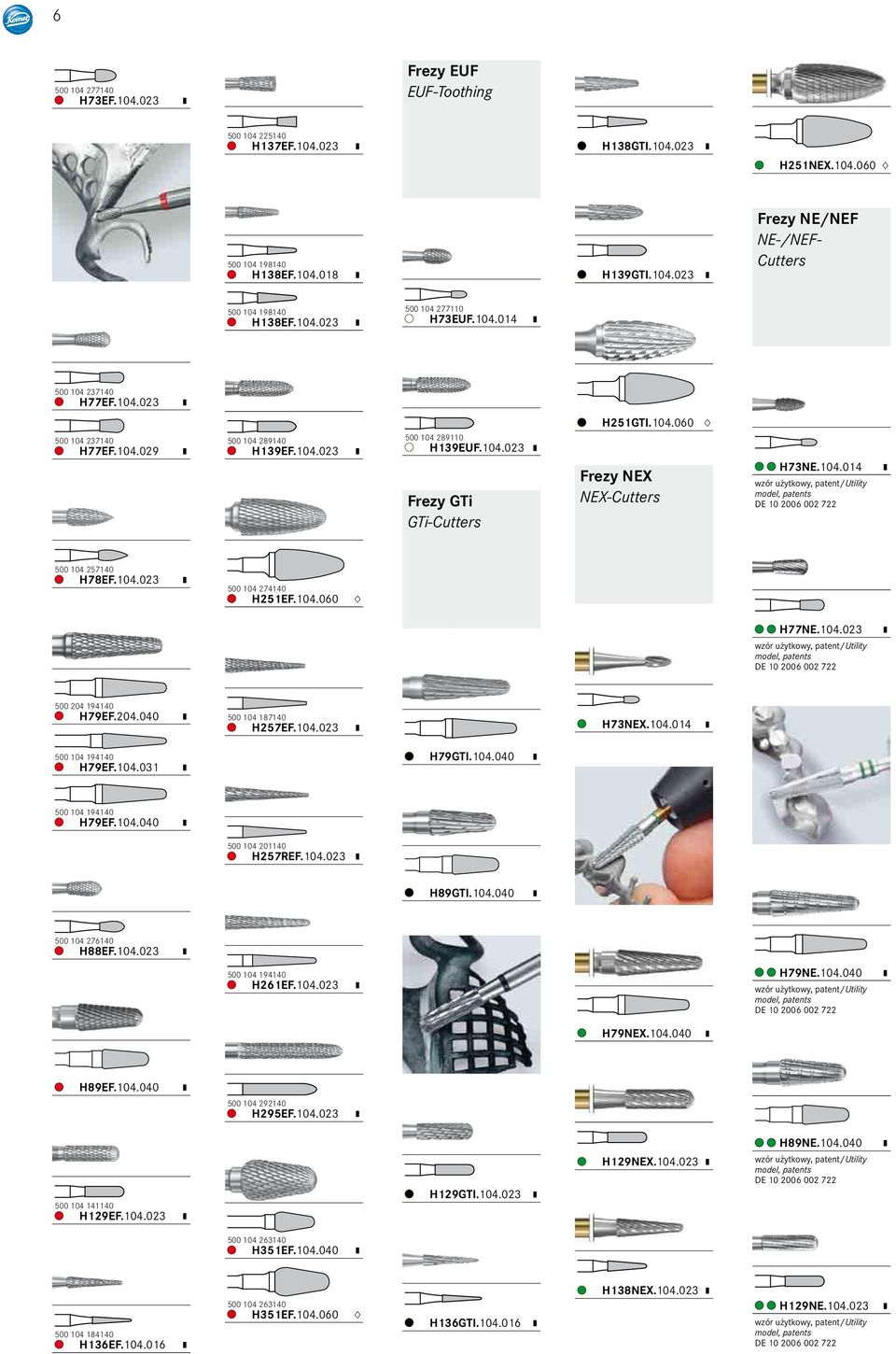 104. 060 p Frezy NEX NEX-Cutters H73NE.104. 014 u wzór użytkowy, patent/utility DE 10 2006 002 722 500 104 257140 H78EF.104. 023 u 500 104 274140 H251EF.104. 060 p H77NE.104. 023 u wzór użytkowy, patent/utility DE 10 2006 002 722 500 204 194140 H79EF.