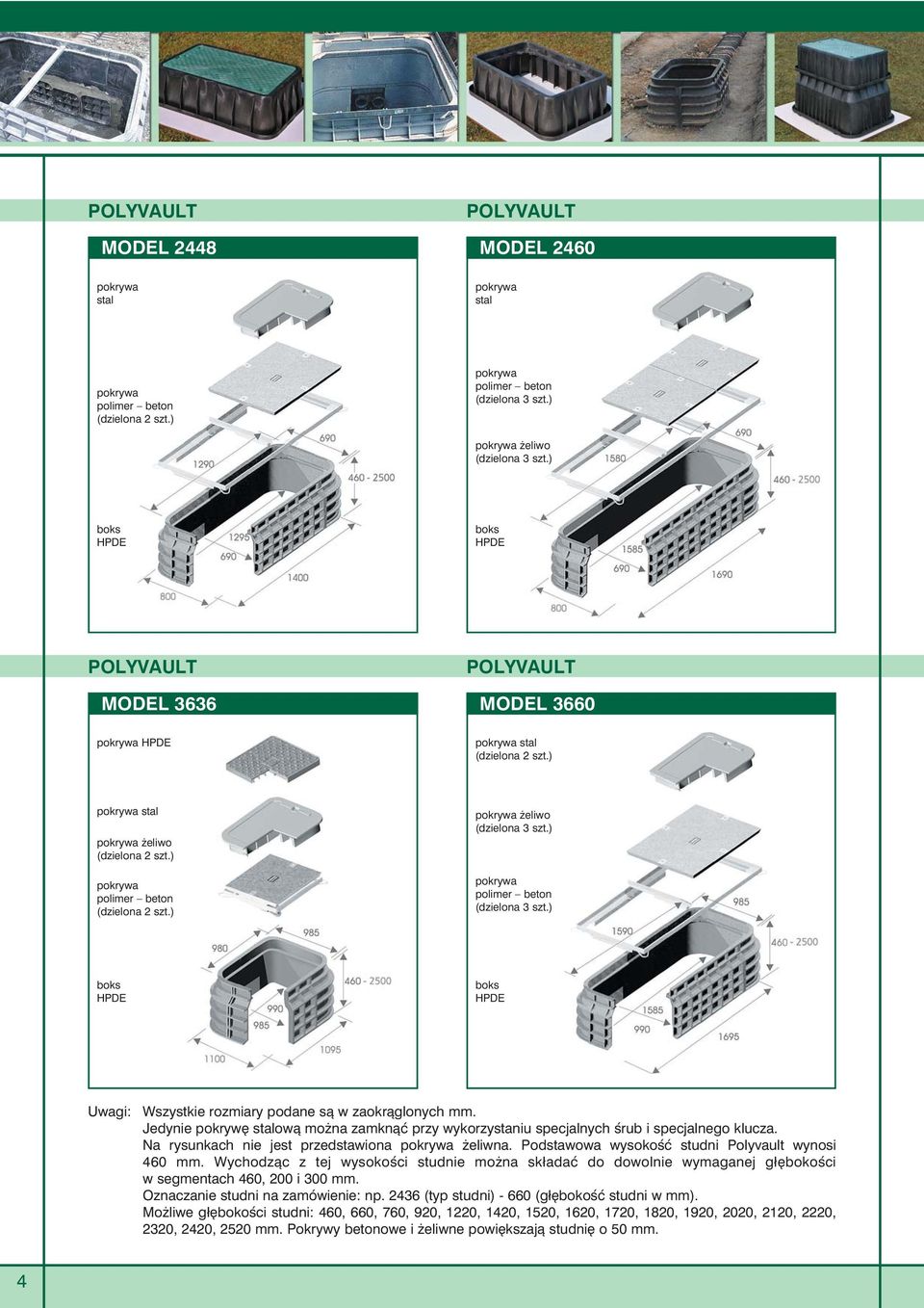 Podstawowa wysokoœæ studni Polyvault wynosi 460 mm. Wychodz¹c z tej wysokoœci studnie mo na sk³adaæ do dowolnie wymaganej g³êbokoœci w segmentach 460, 200 i 300 mm.