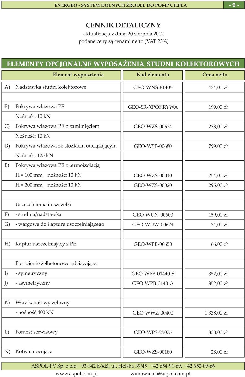 Noœnoœæ: 125 kn E) Pokrywa w³azowa PE z termoizolacj¹ H = 100 mm, noœnoœæ: 10 kn GEOWZS00010 254,00 z³ H = 200 mm, noœnoœæ: 10 kn GEOWZS00020 295,00 z³ Uszczelnienia i uszczelki F) studnia/nadstawka