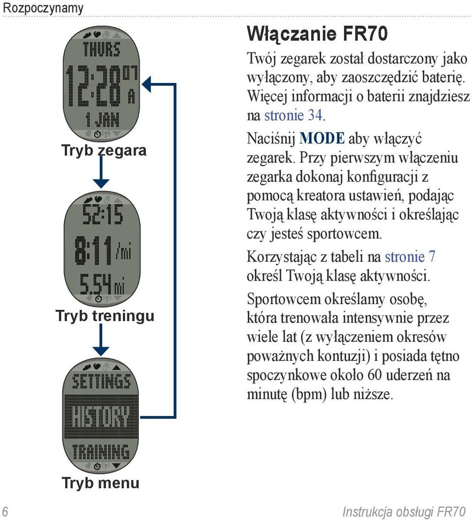 Przy pierwszym włączeniu zegarka dokonaj konfiguracji z pomocą kreatora ustawień, podając Twoją klasę aktywności i określając czy jesteś sportowcem.