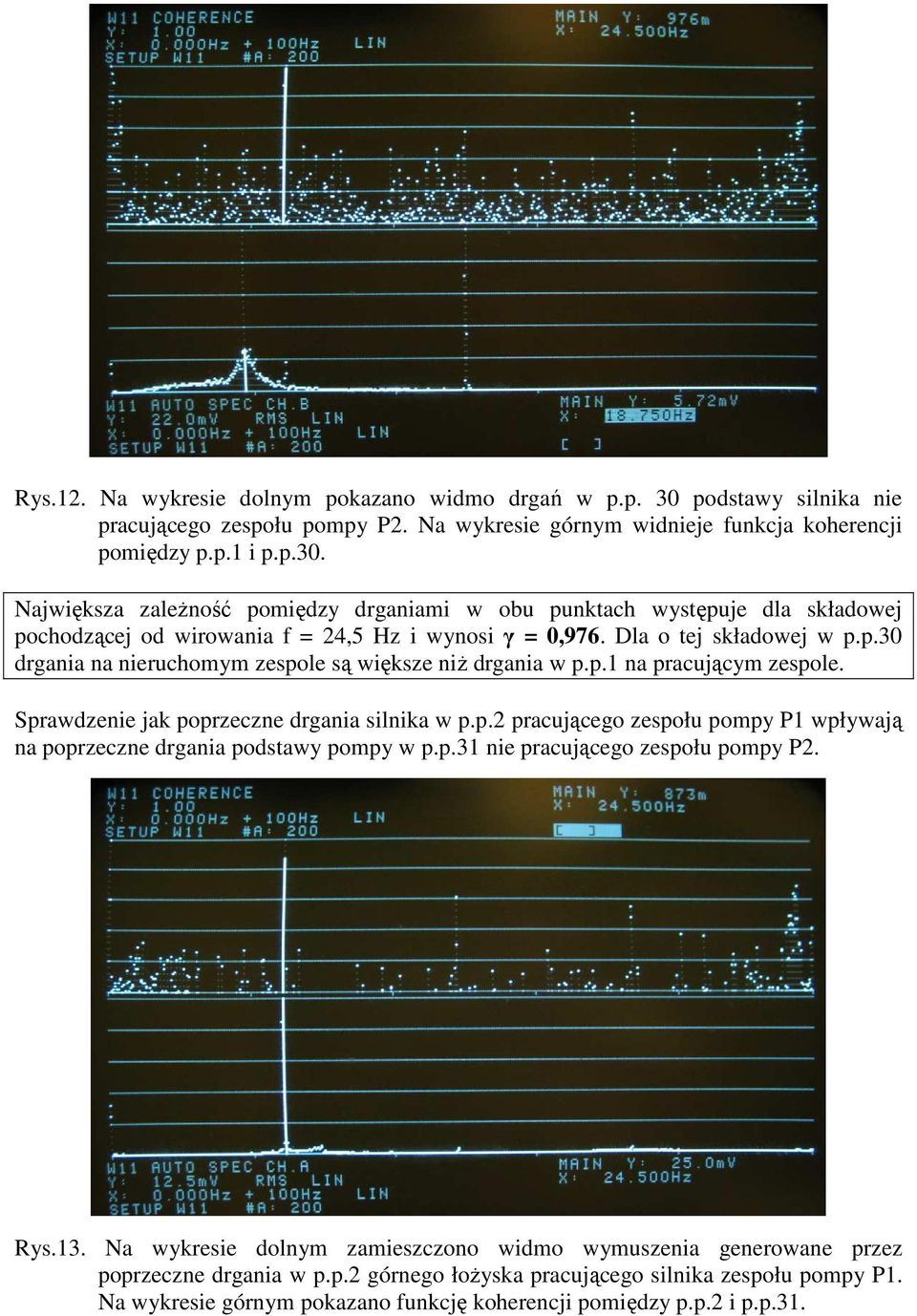 p.31 nie pracującego zespołu pompy P2. Rys.13. Na wykresie dolnym zamieszczono widmo wymuszenia generowane przez poprzeczne drgania w p.p.2 górnego łożyska pracującego silnika zespołu pompy P1.