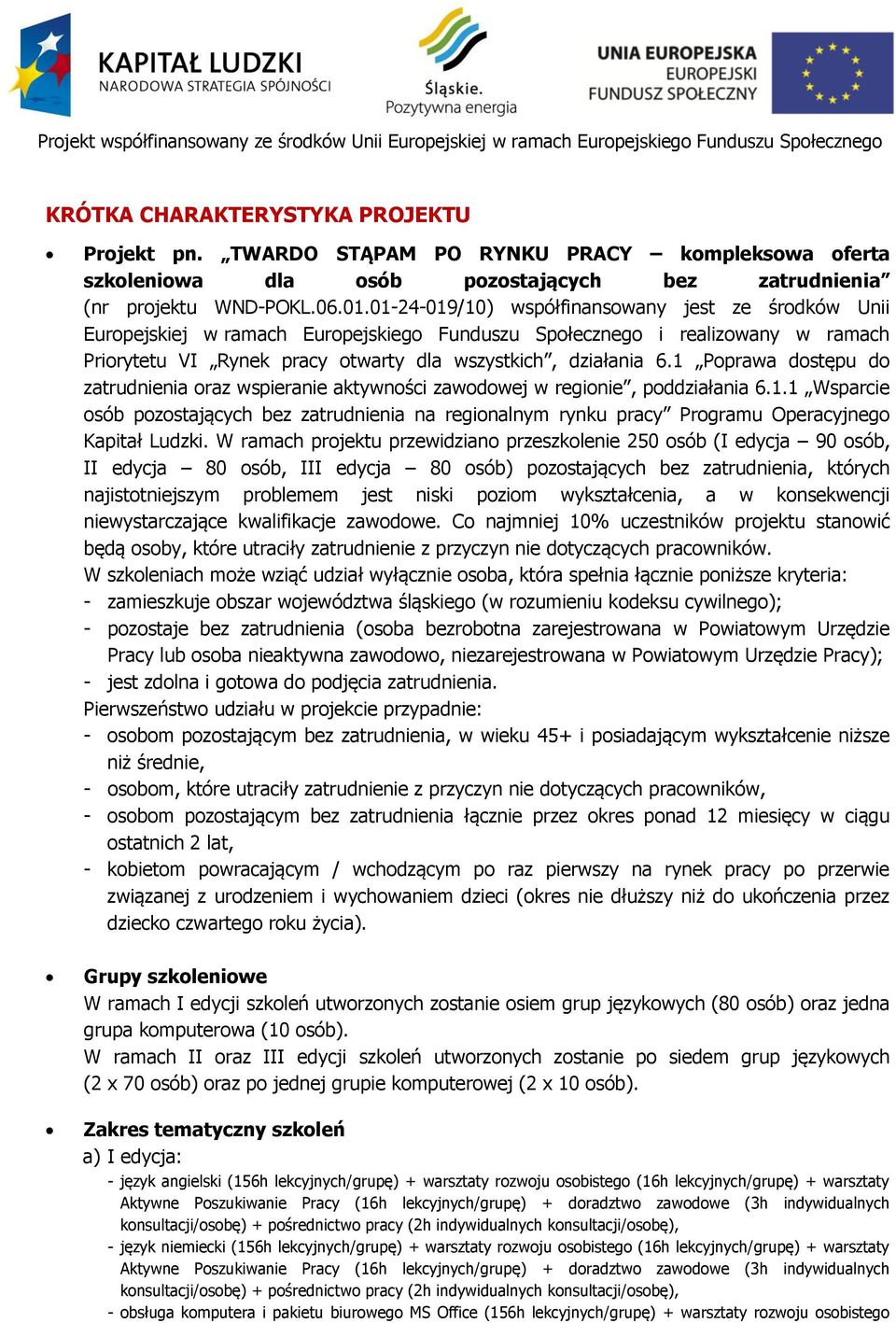 1 Poprawa dostępu do zatrudnienia oraz wspieranie aktywności zawodowej w regionie, poddziałania 6.1.1 Wsparcie osób pozostających bez zatrudnienia na regionalnym rynku pracy Programu Operacyjnego Kapitał Ludzki.