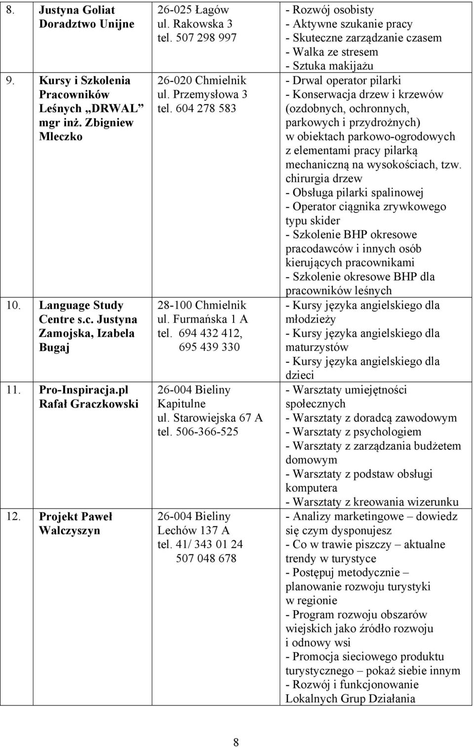 694 432 412, 695 439 330 26-004 Bieliny Kapitulne ul. Starowiejska 67 A tel. 506-366-525 26-004 Bieliny Lechów 137 A tel.