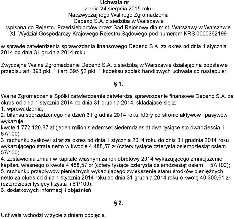 za okres od dnia 1 stycznia 2014 do dnia 31 grudnia 2014, składające się z: 1. wprowadzenia; 2.