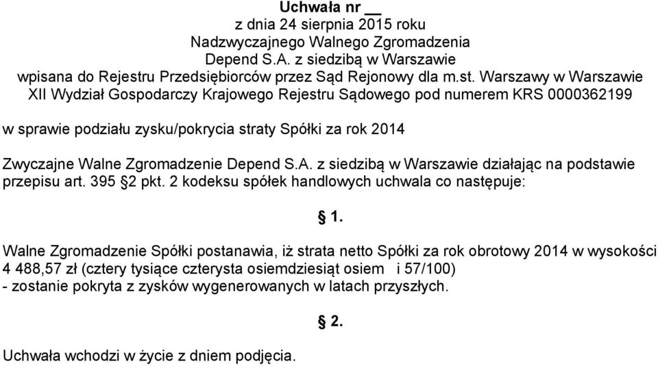 2 kodeksu spółek handlowych uchwala co następuje: Walne Zgromadzenie Spółki postanawia, iż strata