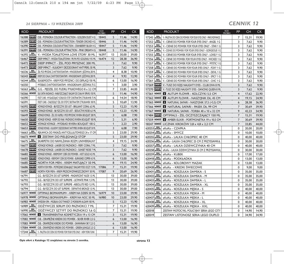 - WODA TOALETOWA LOVE STORY 30 ML 16397 13 30,00 39,00 16467 OFERTA DEEP IMPACT - WODA TOALETOWA / P YN PO GOLENIU 115 ML 16474 12 28,38 36,90 16472 OFERTA DEEP IMPACT - EL POD PRYSZNIC 200 ML 3 7,62