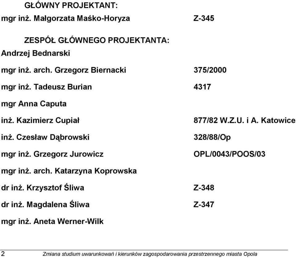 Grzegorz Jurowicz 877/82 W.Z.U. i A. Katowice 328/88/Op OPL/0043/POOS/03 mgr inż. arch. Katarzyna Koprowska dr inż.