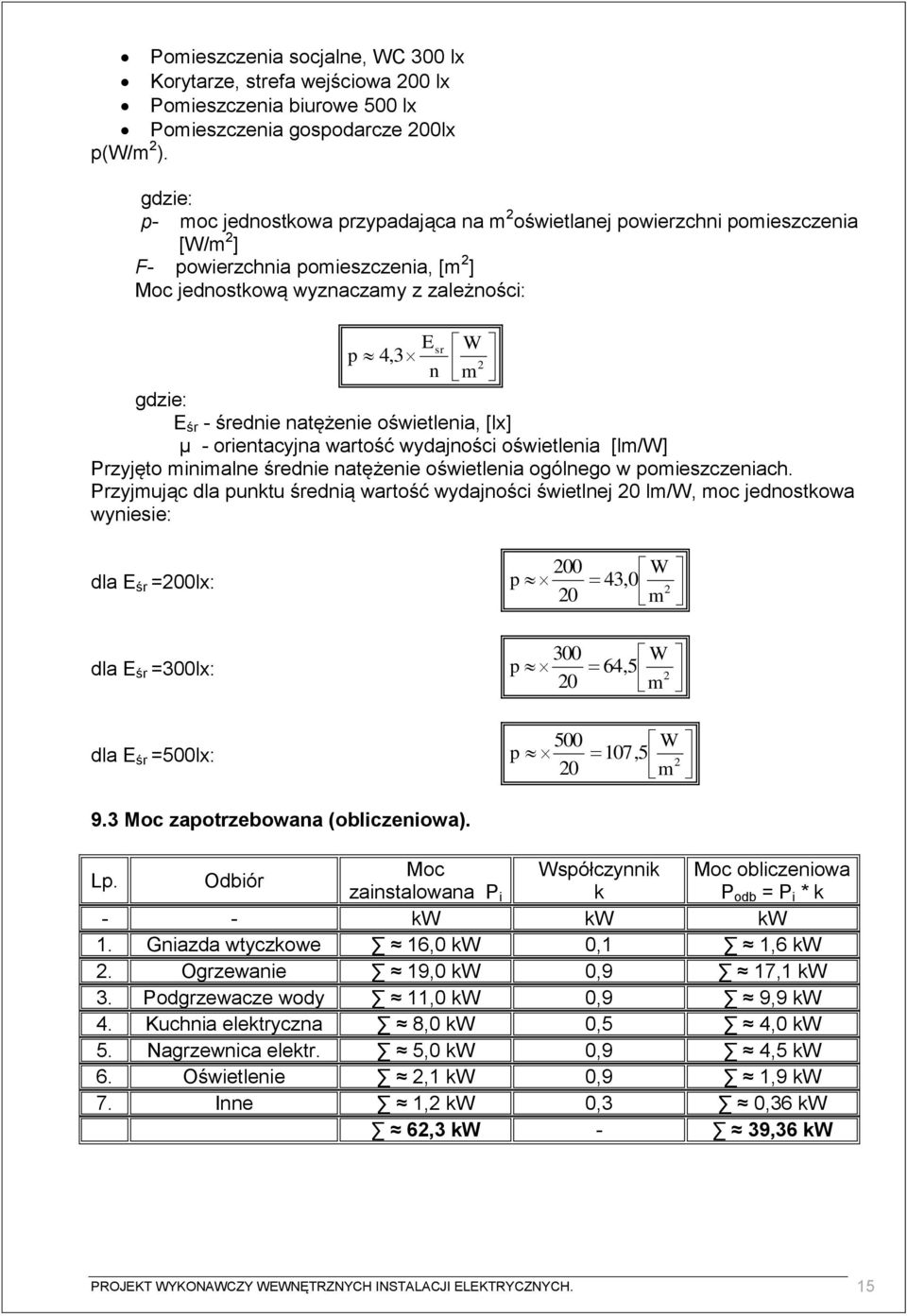 śr - średnie natężenie oświetlenia, [lx] μ - orientacyjna wartość wydajności oświetlenia [lm/w] Przyjęto minimalne średnie natężenie oświetlenia ogólnego w pomieszczeniach.