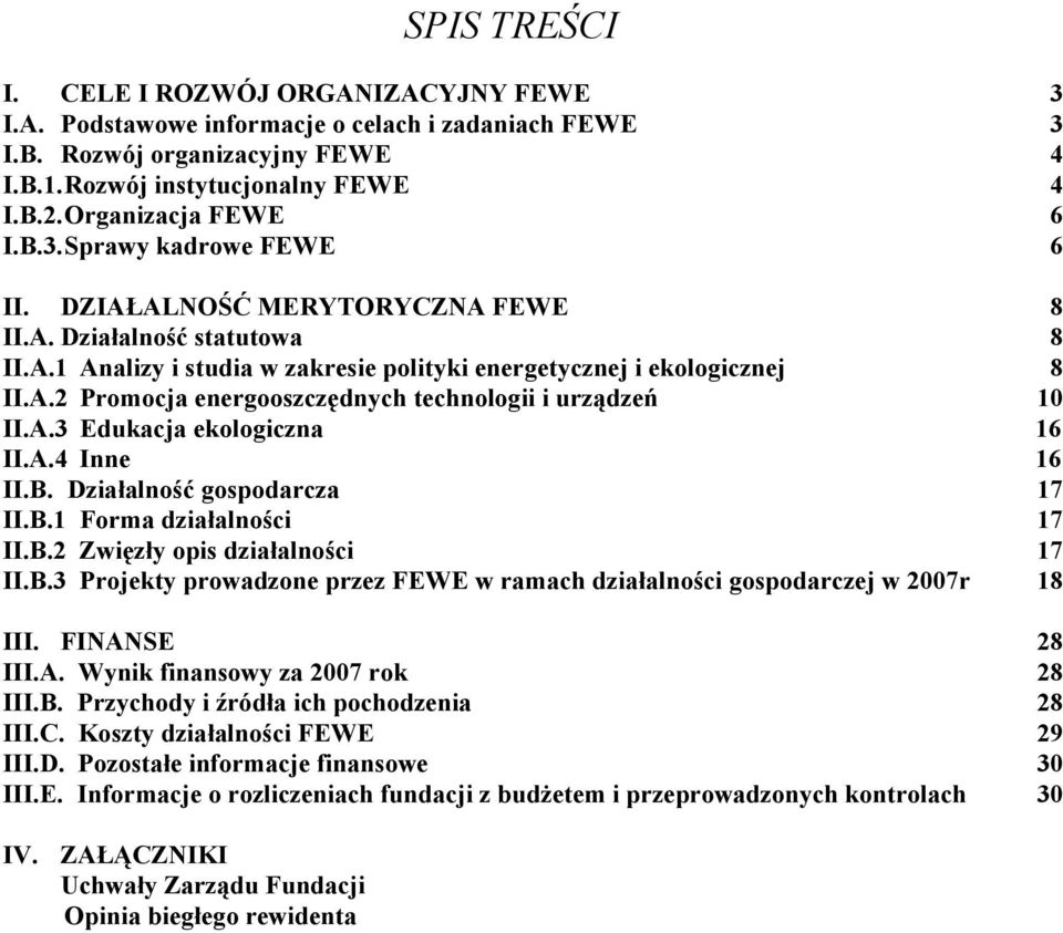 A.3 Edukacja ekologiczna 16 II.A.4 Inne 16 II.B. Działalność gospodarcza 17 II.B.1 Forma działalności 17 II.B.2 Zwięzły opis działalności 17 II.B.3 Projekty prowadzone przez FEWE w ramach działalności gospodarczej w 2007r 18 III.